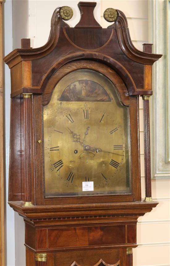 An early 19th century mahogany banded oak eight day longcase clock, 7ft